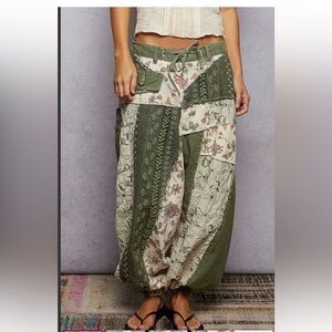 POL. Bohemian Twill Floral Patchwork Pants
